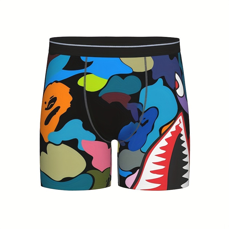 Men's Anime Camouflage Shark Mouth Print Long Boxers Briefs Shorts,  Breathable Comfy Stretchy Quick Drying Sports Boxers Trunks, Men's Novelty  Graphic