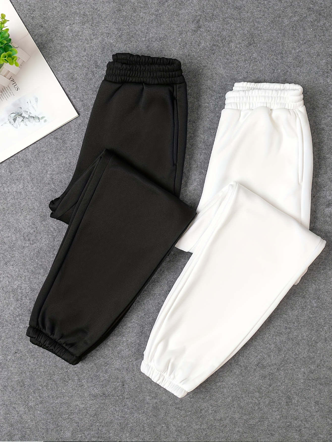 Plain Elastic Waist Sporty Pants Loose Fit Slant Pockets - Temu