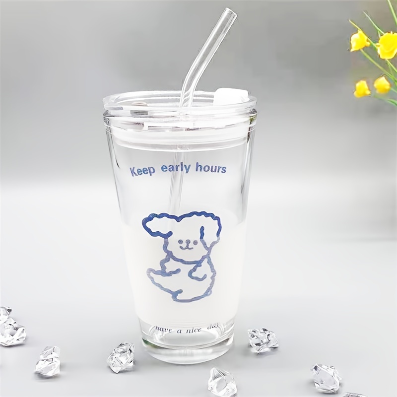Glass Tumbler with Straw 13.5oz, Cute Glass Water Bottle Glass Cup