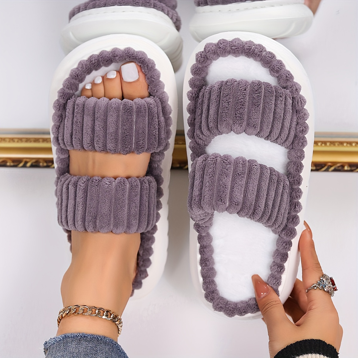 Women's Double Straps Plush Slippers Solid Color Open Toe - Temu Canada