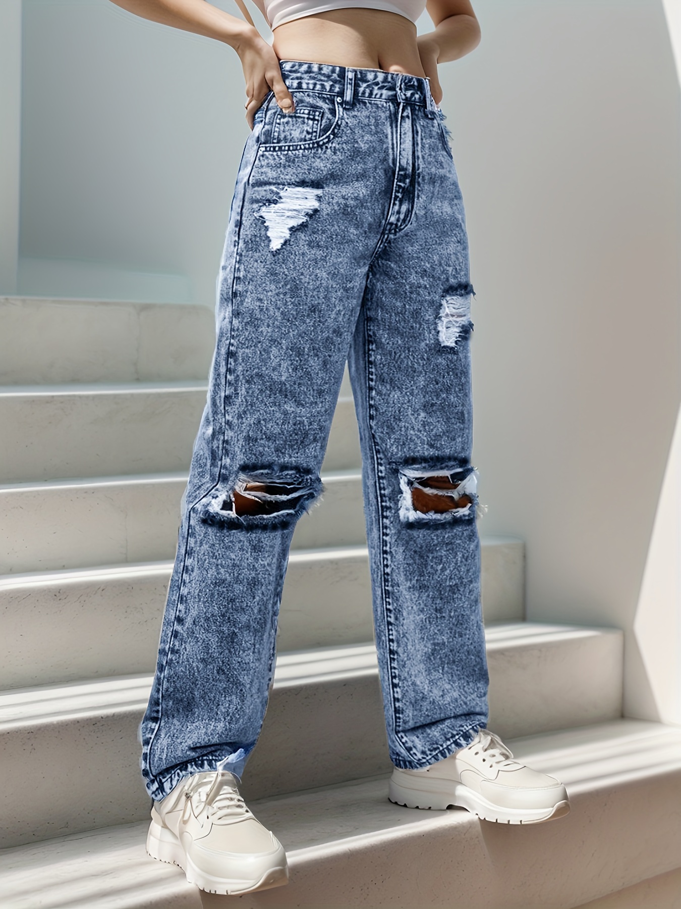 Fashion Women Hole Slim Wide Leg Denim Trousers Lady Jeans