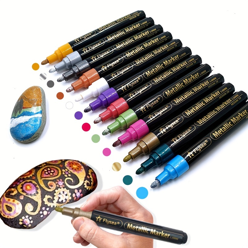 12 Colors Metallic Marker Pen Medium Point Metallic Markers for Rock  Painting, Black Paper, Card Making