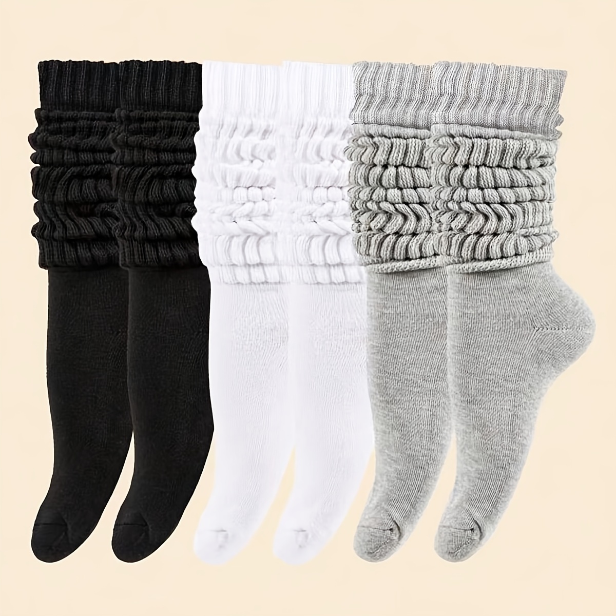

3 Pairs Women's Trendy Calf Socks Set, Plus Size Solid Scrunch Knitted Soft & Breathable Mid-calf Socks For 0xl-2xl