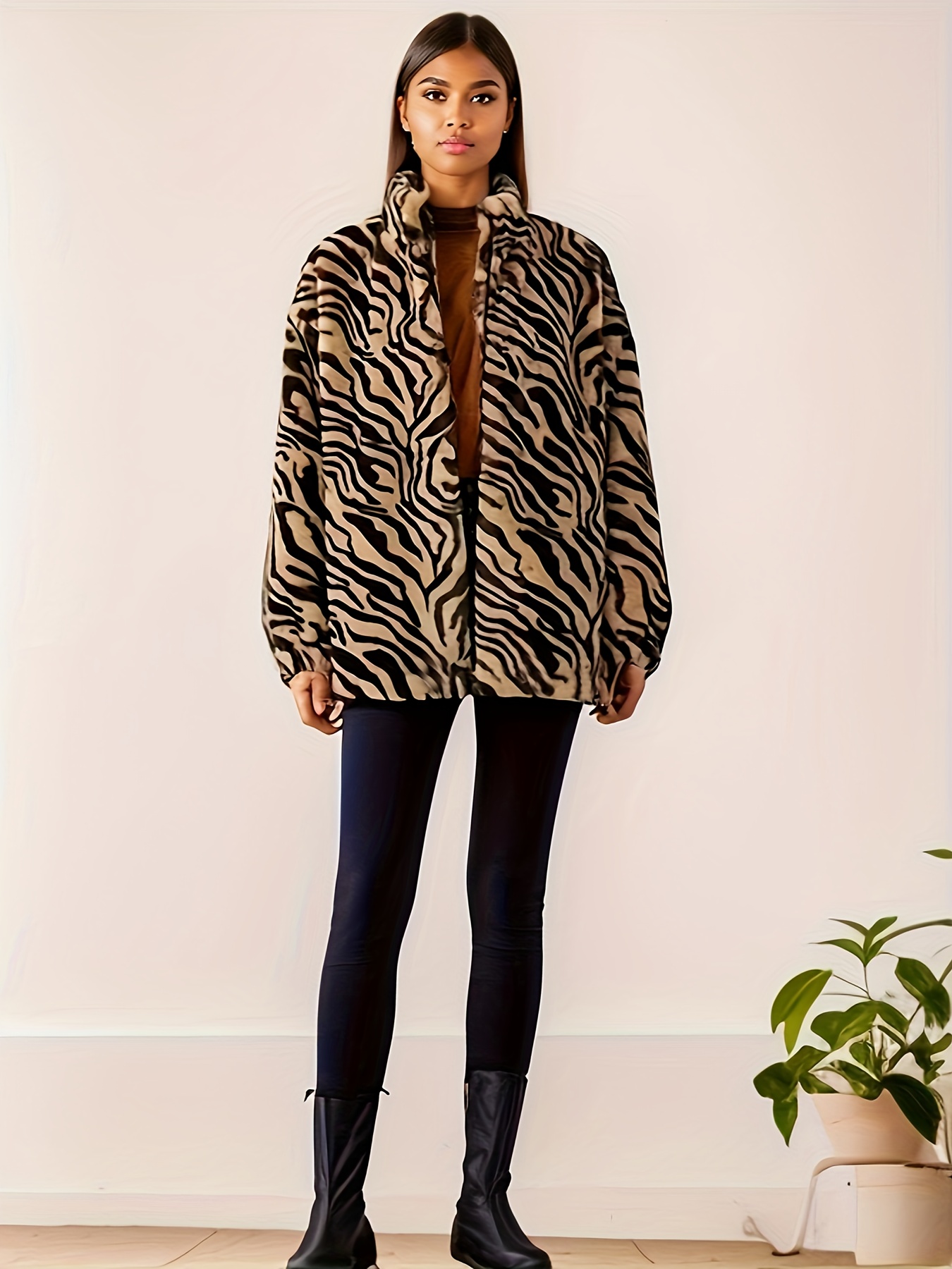 Plus Size Casual Coat Women's Plus Leopard Print Fleece Long - Temu
