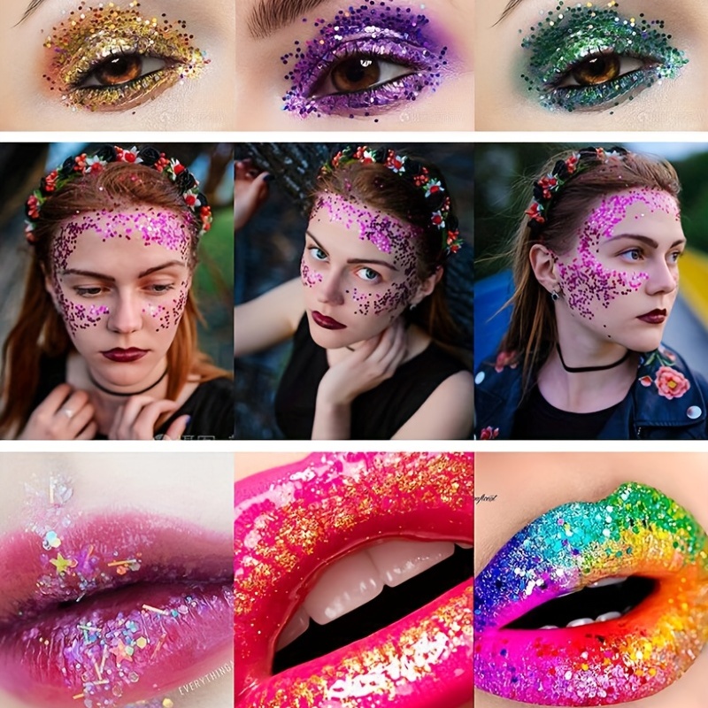 Holographic Chunky Glitter Sequins, 12 Colors Mixed Cosmetic Glitter for  Face Body Eye Hair Nail Art Lip Gloss Makeup, Festival Glitter with  Different