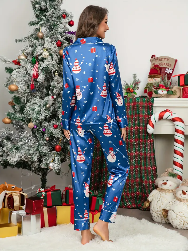 Christmas Snowman Print Pajama Set Casual V Neck Long Sleeve - Temu