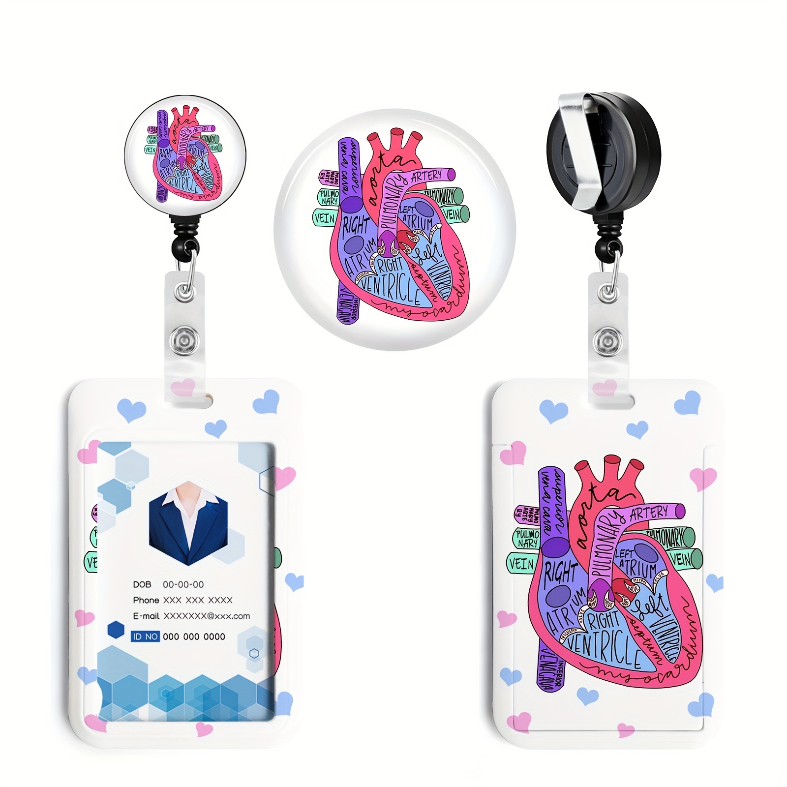 ID Badge Holder Retractable With Heavy Duty Reel, Heart Anatomy Retractable  Badge Holders Reels, Cardiac ID Badge Holders Retractable For School Offic