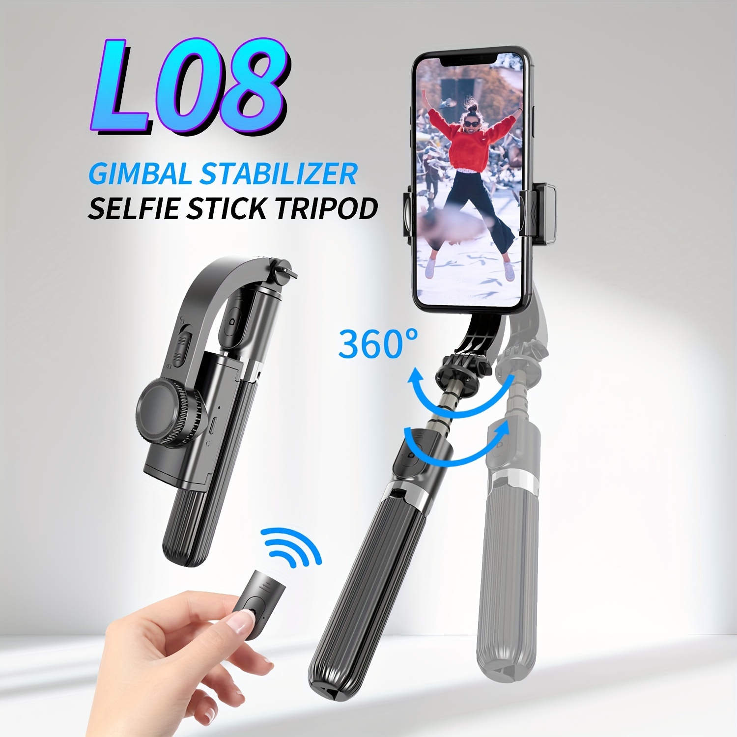 Stabilisateur de cardan pour smartphone avec perche à selfie Bluetooth  extensible et trépied, télécommande multifonction 1 axe rotation  automatique à 360°, pour iPhone/Android - - 
