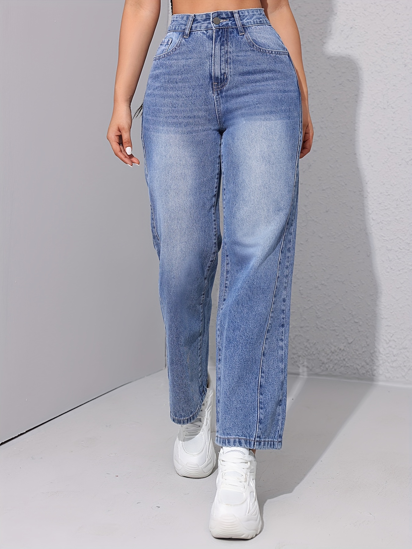 High Waist Washed Straight Jeans Loose Fit Slant Pockets - Temu