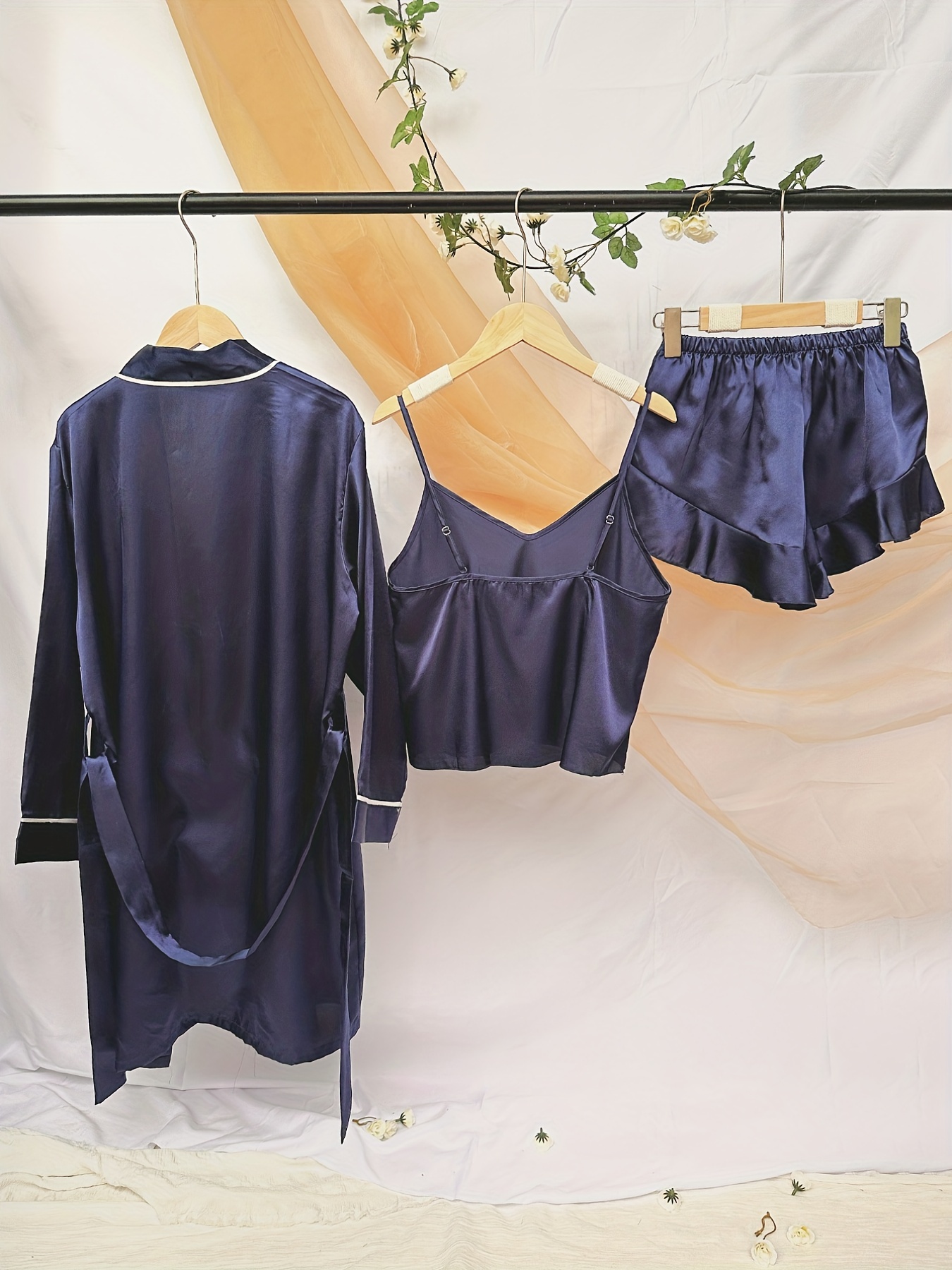 Solid Satin Pajama Set Long Sleeve Robe Belt V Neck Cami Top - Temu Canada