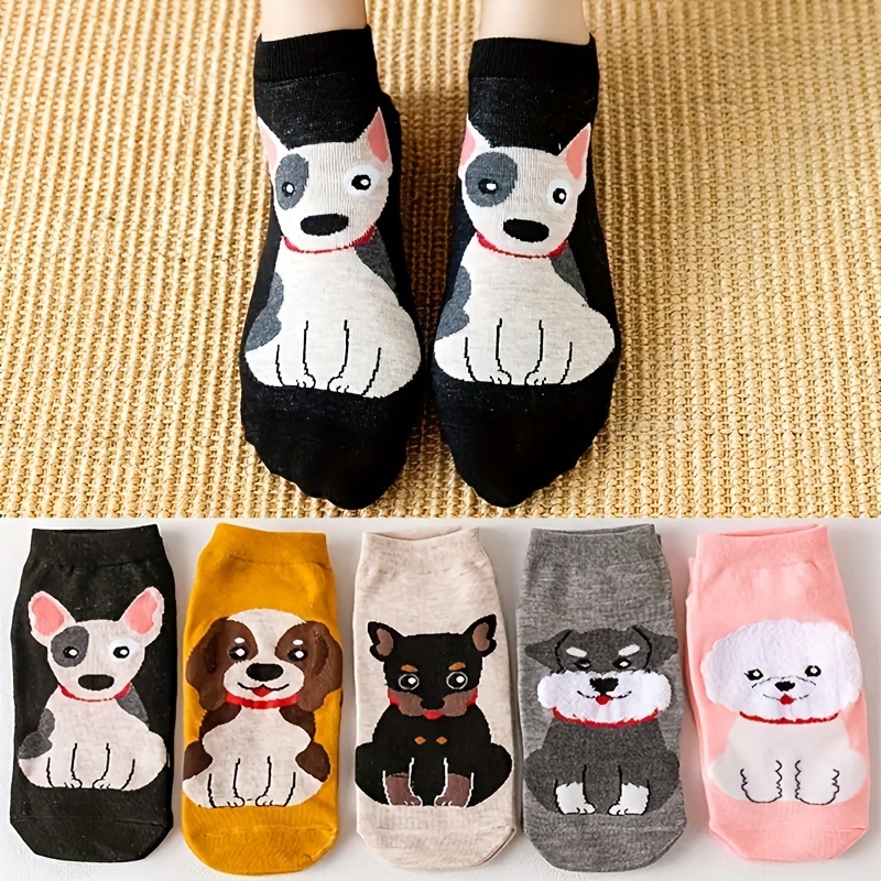 

5 Pairs Puppy Print Socks, Cute & Breathable Ankle Socks, Women's Stockings & Hosiery