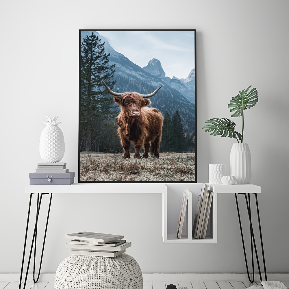 1pc Canvas Printed Painting Forest Scenery Wall Artwork Animal Poster Highland Cattle Pictures For Living Room Home Decor