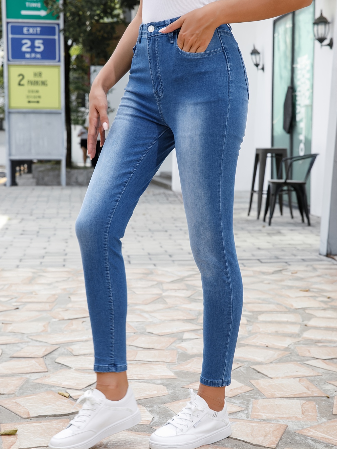 High Rise Stretchy Cropped Skinny Jeans, High Waist Solid Color Tight Fit  Denim Pants, Women's Denim & Clothing
