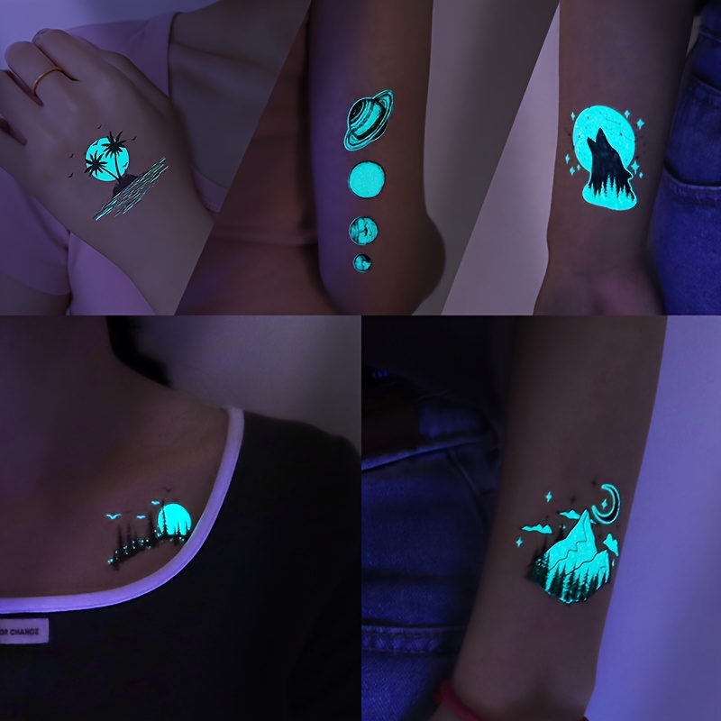 glow in the dark temporary tattoos 16 sheets of blue luminous adventure waterproof stickers for adults featuring mountains rivers wolves whales planets moon stars perfect for music festivals parties details 7