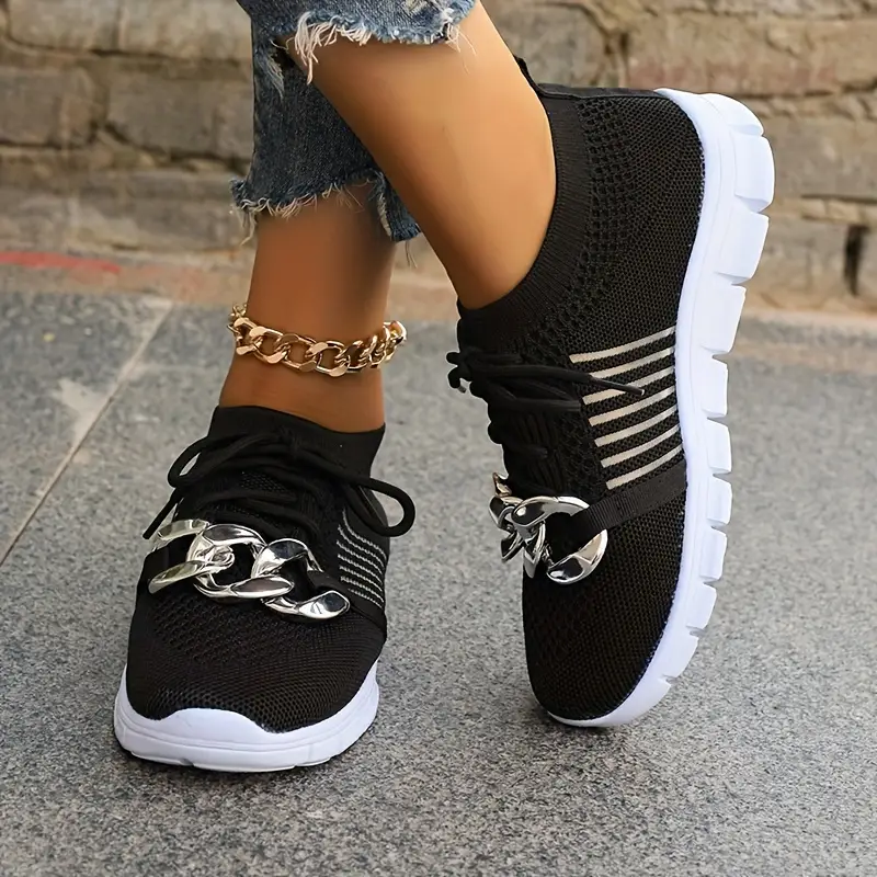 womens chain decor sneakers breathable mesh lace up outdoor shoes lightweight low top sport shoes details 3