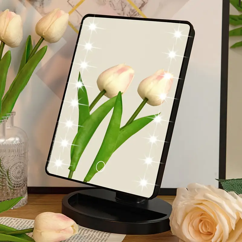 1st led verlichte make-up spiegel met touch dimmer voor schakelaar, 16 leds, draaibaar, werkt op batterij/usb - draagbaar, wit ontwerp voor slaapkamer & badkamer gebruik details 2