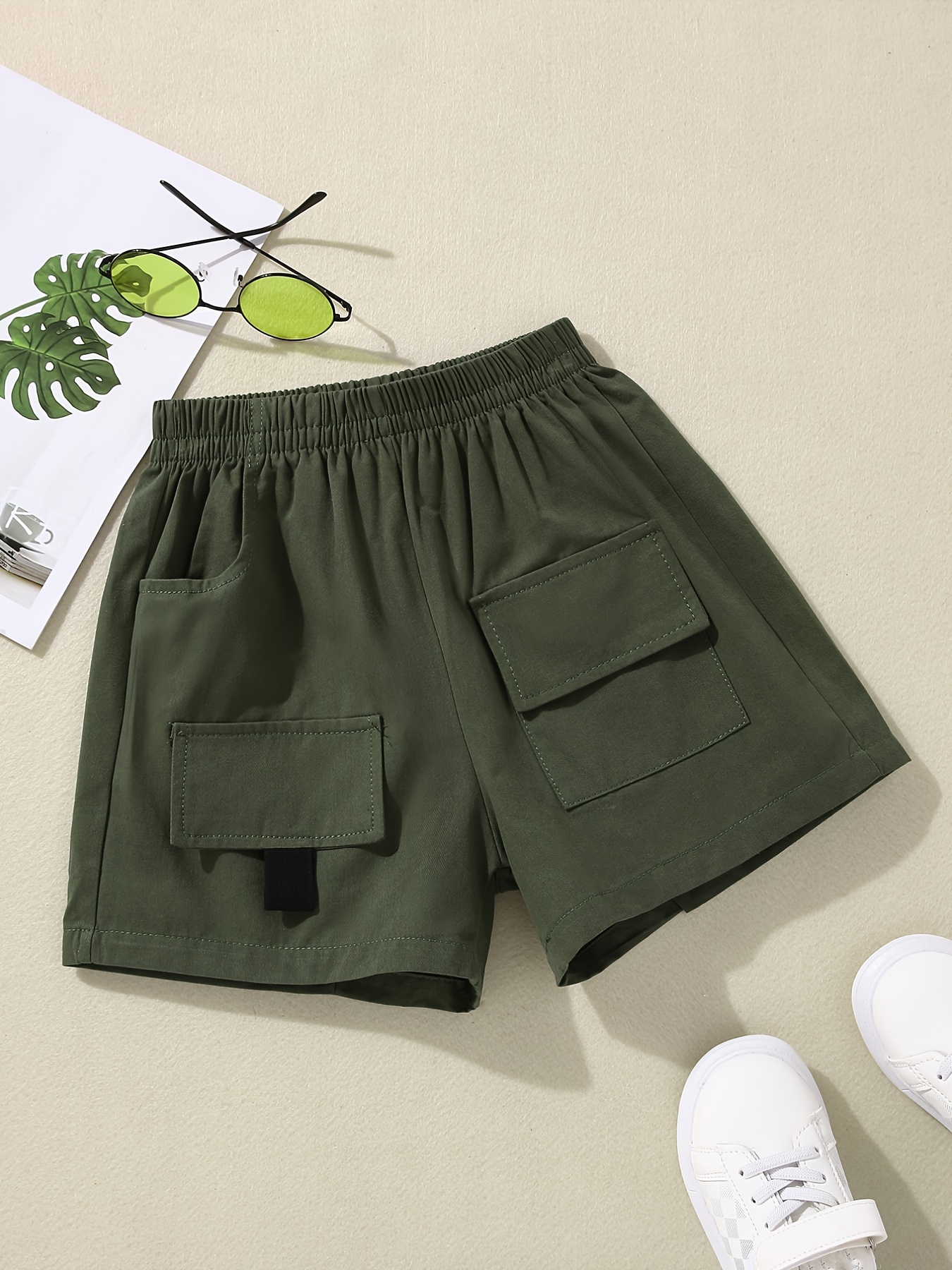 Girls Belted Elastic Waist Casual Cargo Shorts With Pockets - Temu