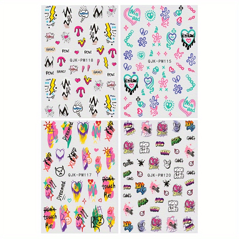 Image of 4 Sheet Graffiti Nail Art Stickers, Self Adhesive Nail Art Decals For Nail Art Decoration, Nail Art Supplies For Women And Girls