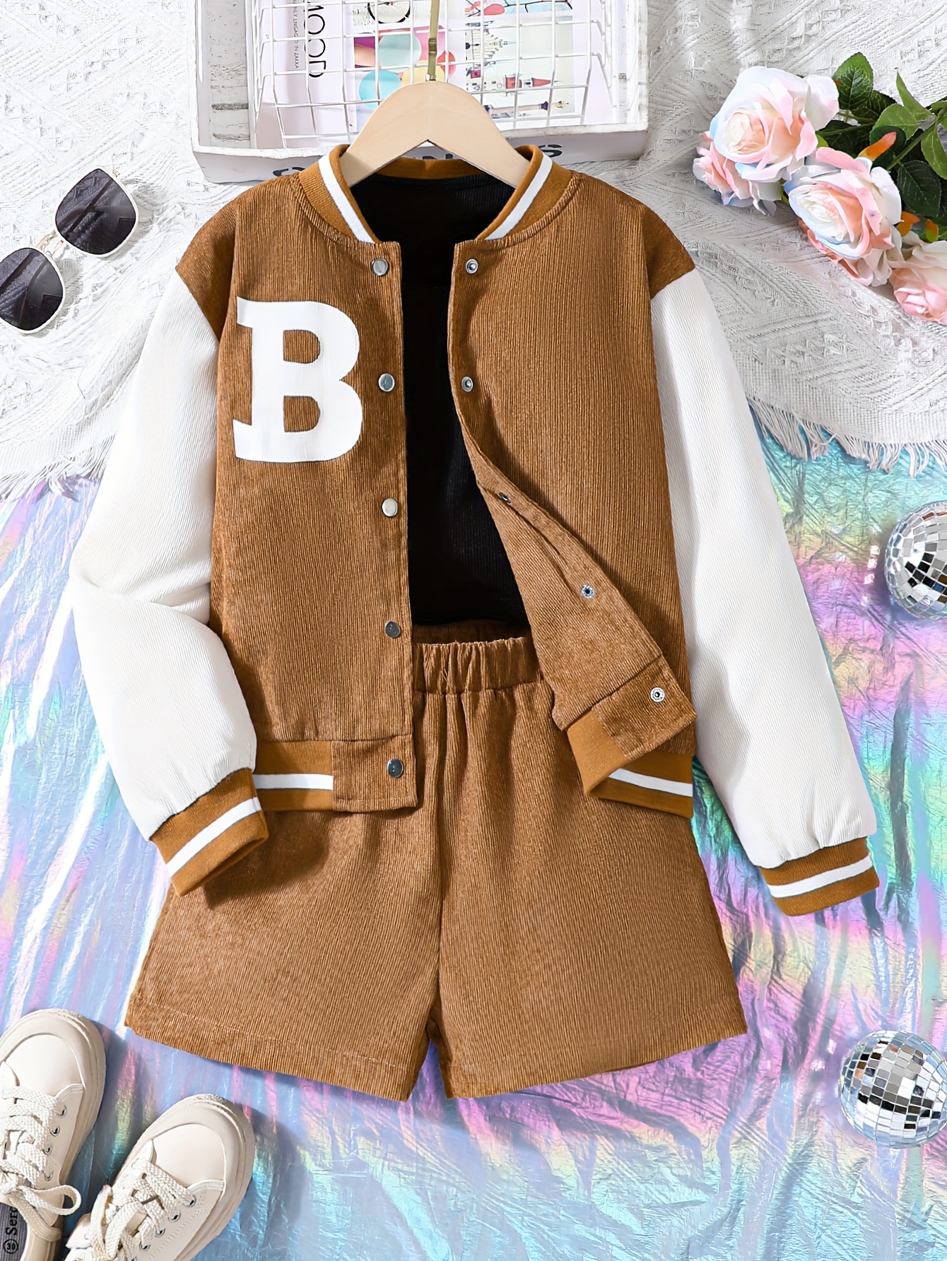 3pcs Girl's Preppy Style Outfit, Varsity Jacket & Tank Top & Corduroy  Shorts Set, Color Clash Button Front Coat, Kid's Clothes For Spring Fall