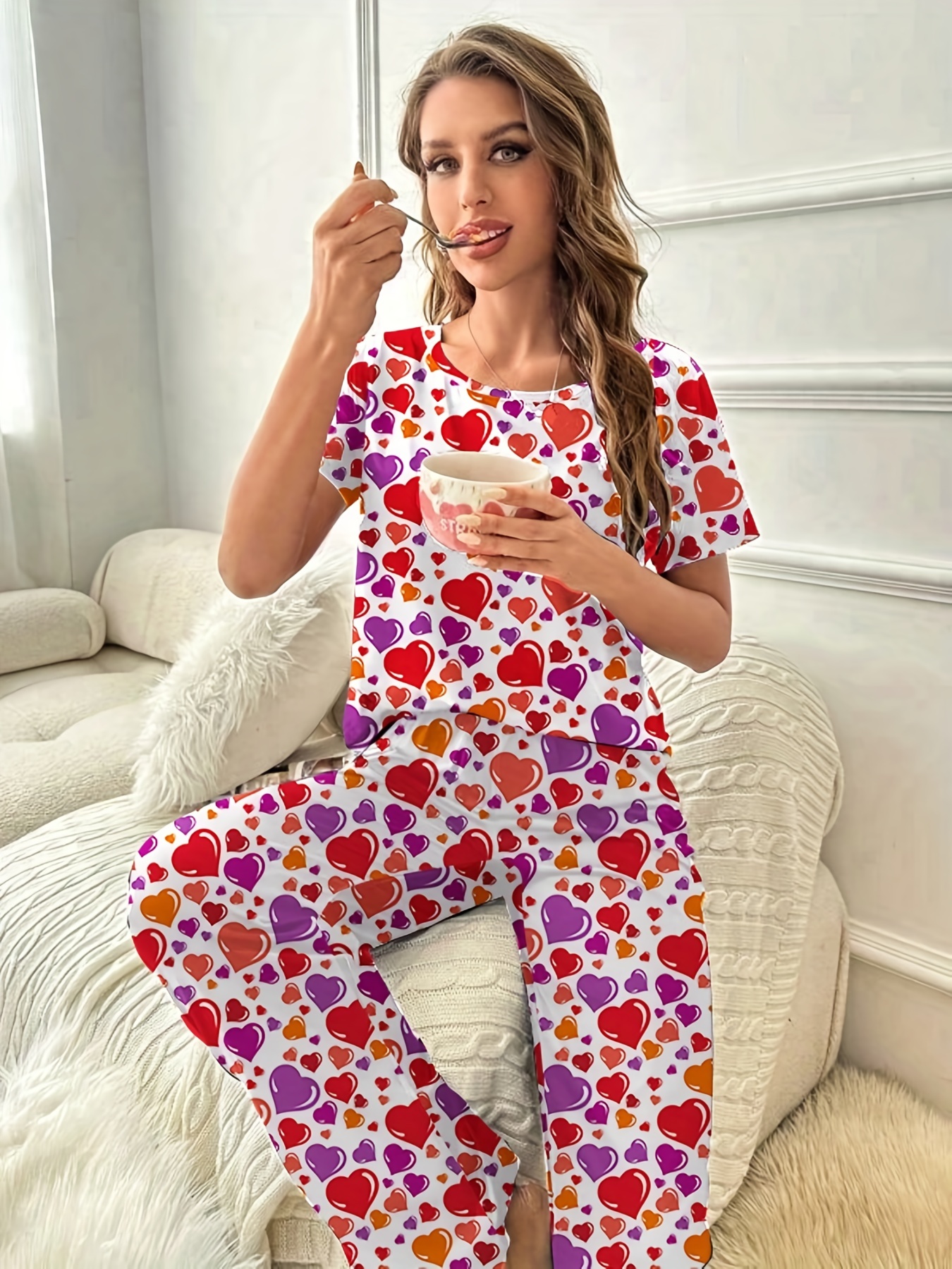 Heart Print Pajama Set Short Sleeve Round Neck Top Lounge - Temu
