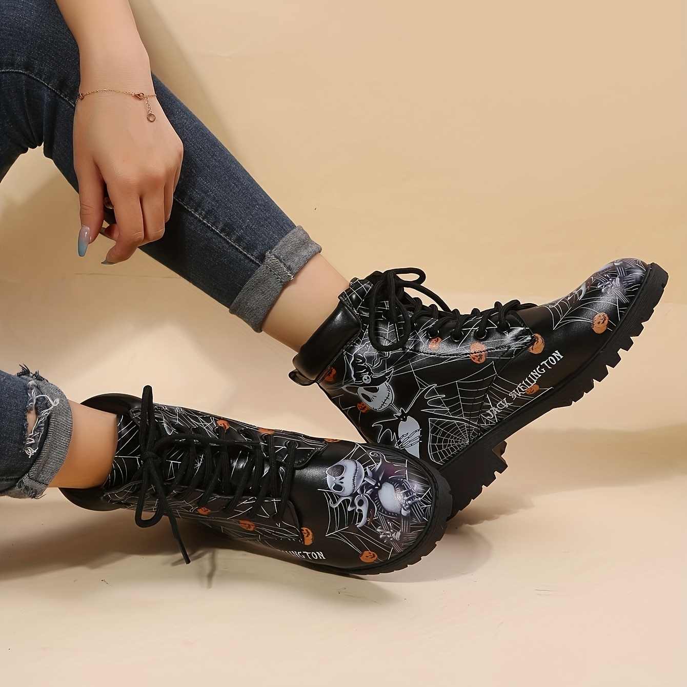 Women's Fashion Halloween Mid-calf Boots, Skeleton & Pumpkin Pattern  Non-slip Sports Outdoor Boots - Temu