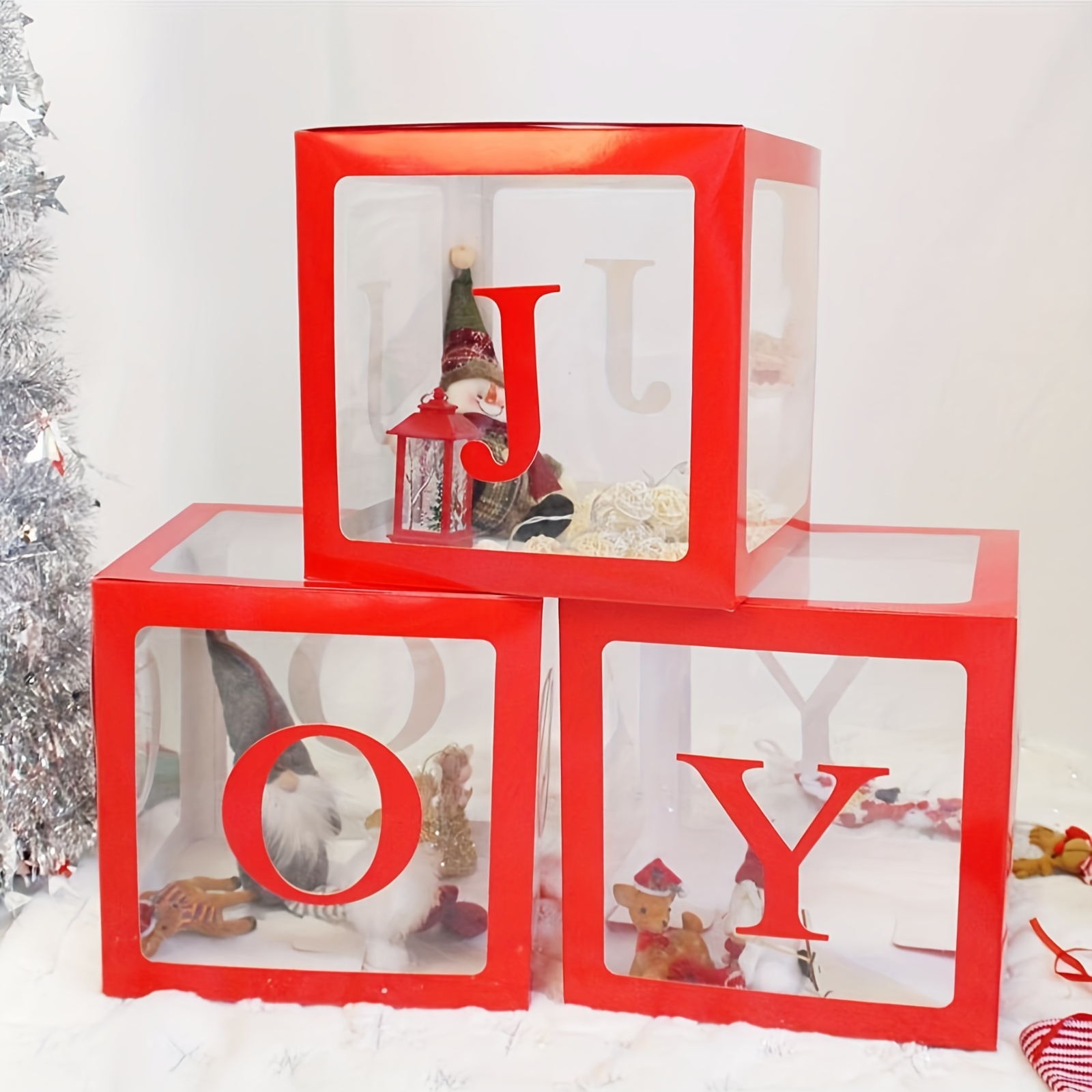 

3pcs Christmas Decorations Large Red Transparent Joy Box Joy Blocks Decorations For Holiday Party Decorations, Home Decor, Fireplace Decor