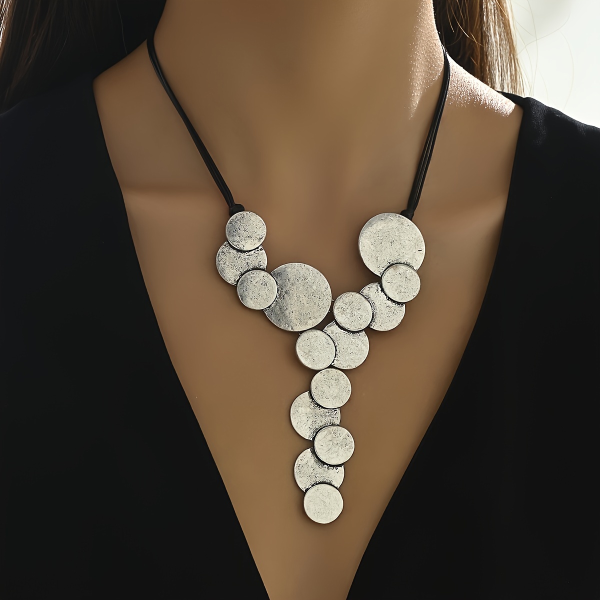

Silvery Geometric Round Y-necklace Black Wax Rope Necklace Boho Retro Style Neck Jewelry For Women