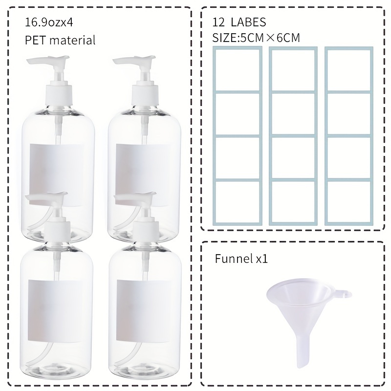 4pcs 16 Oz Shampoo Pump Bottles Clear Lotion Pump w/ Labels & Funnel