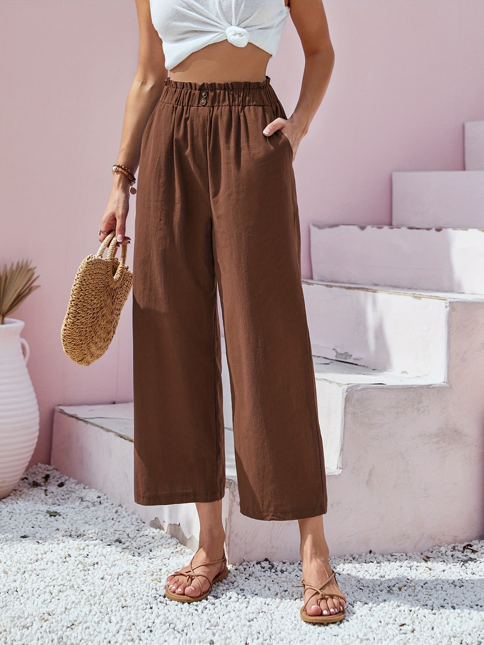 Button Front Wide Leg Pants Casual Loose Pants Spring Summer - Temu Canada
