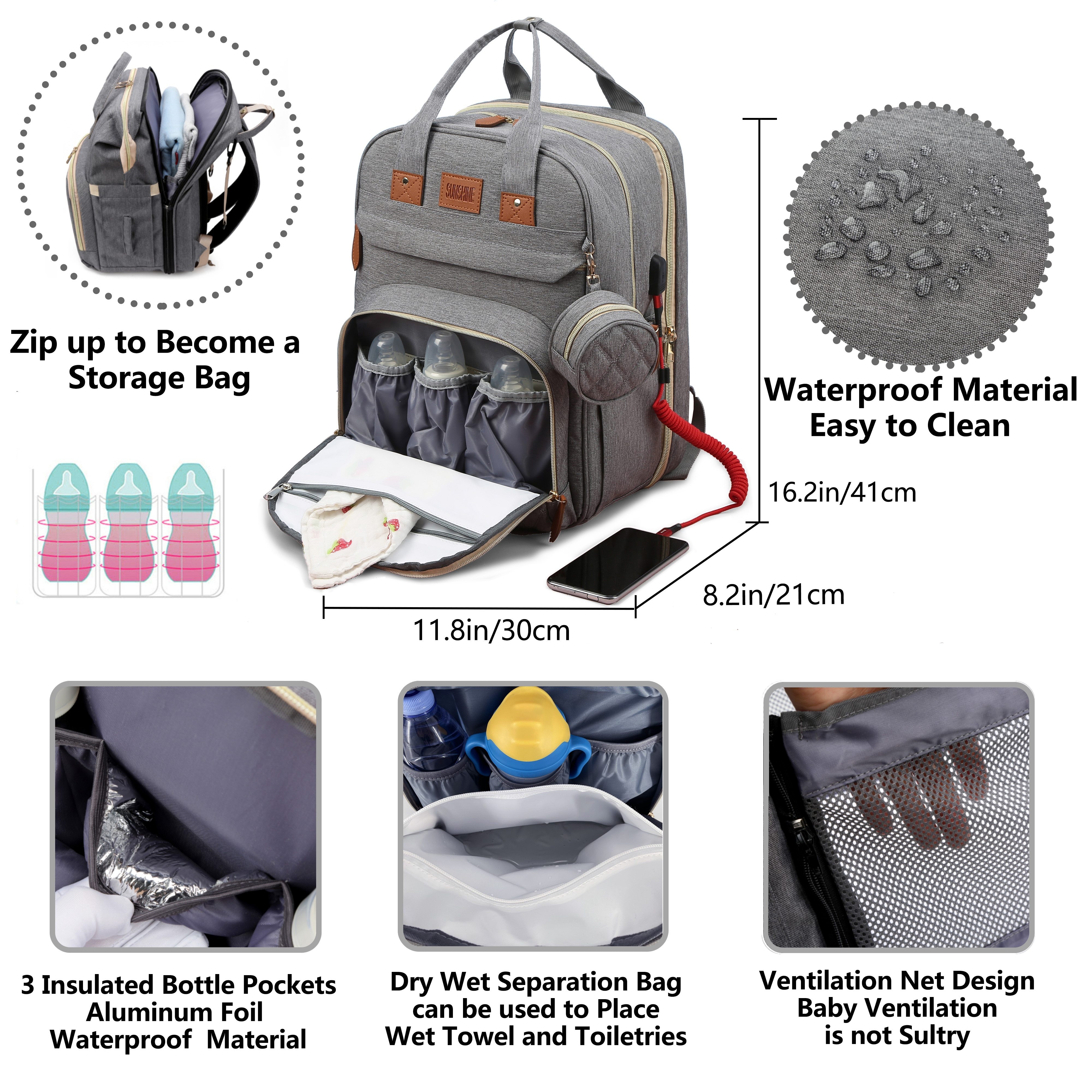 diaper bag backpack diaper changing station with usb charging port multi functional mom travel baby diaper bag large capacity diaper backpack with changing pad baby bag for moms dads baby registry search shower gifts waterproof and stylish details 2