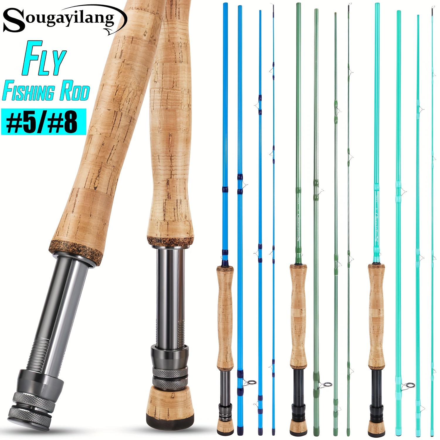 Sougyilang 4 Sections Fly Rod, High Carbon Cloth Rod, Embryo No. 5 No. 8  Rod, Stainless Steel Baked Porcelain Guide Ring Cork Handle Green Blue Cyan  F