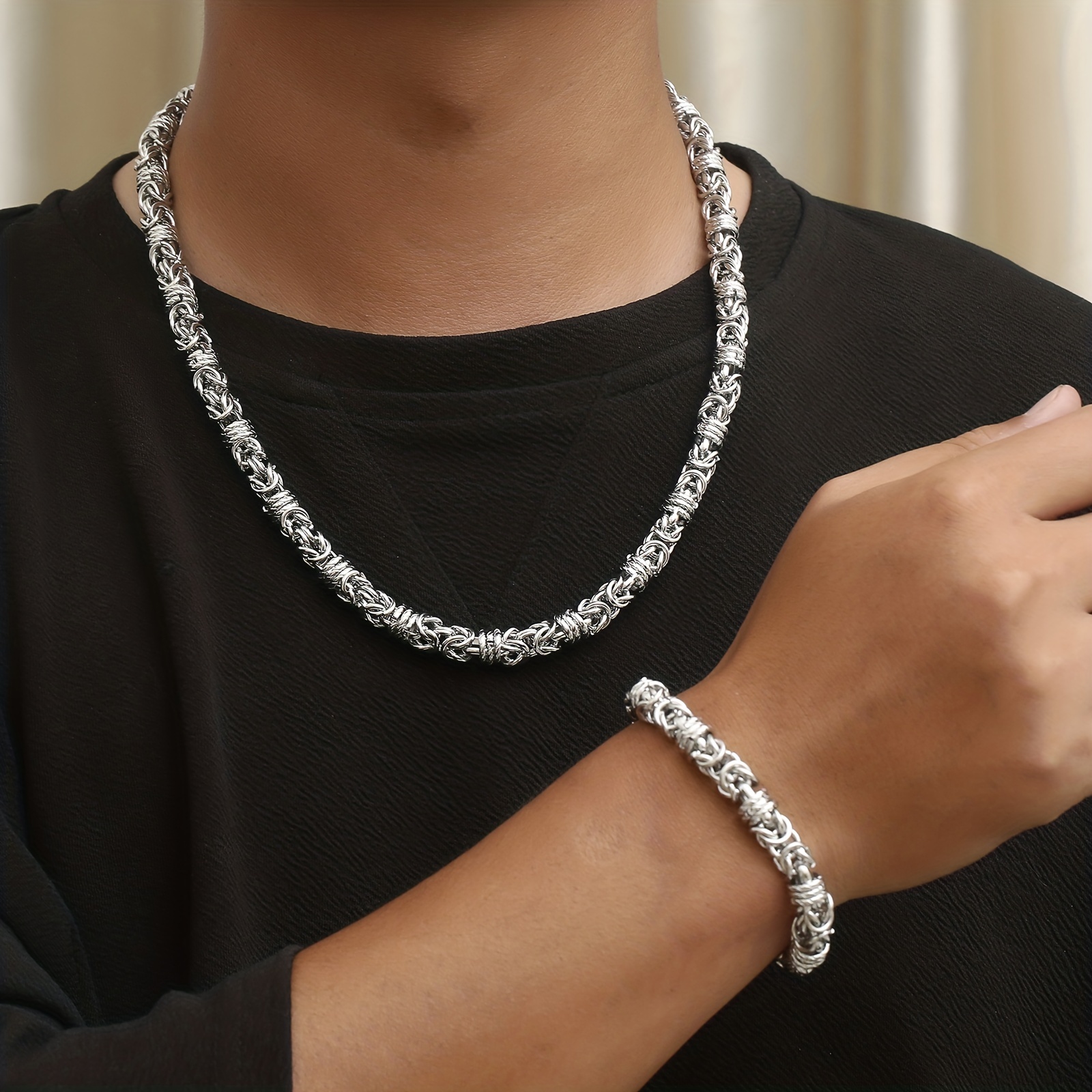 Punk Style Bracelet & Necklace Set For Men - Cuban Stainless Steel Black Bracelet  Chains - Temu