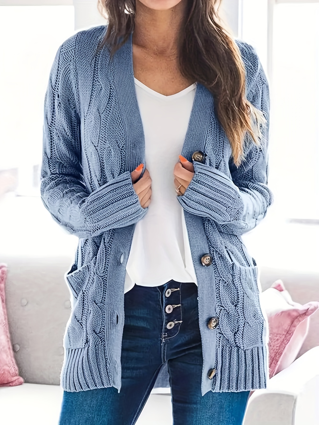 Cable Knit Button Front Cardigan Casual Long Sleeve Cardigan - Temu