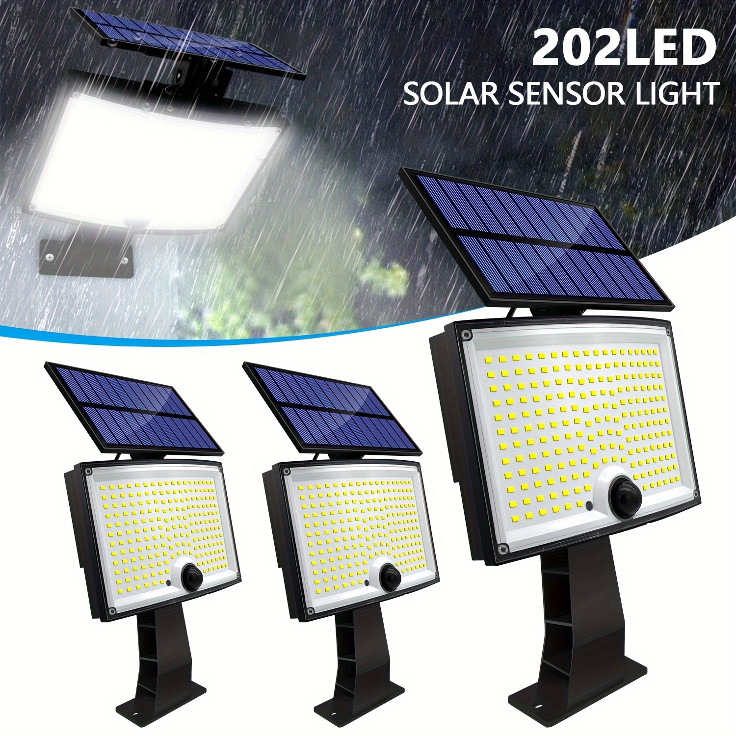 Paquet de 3 Lumière extérieure solaire 202 LED projecteur solaire, capteur  de mouvement lumière extérieure à énergie solaire 3 Modes extérieur étanche