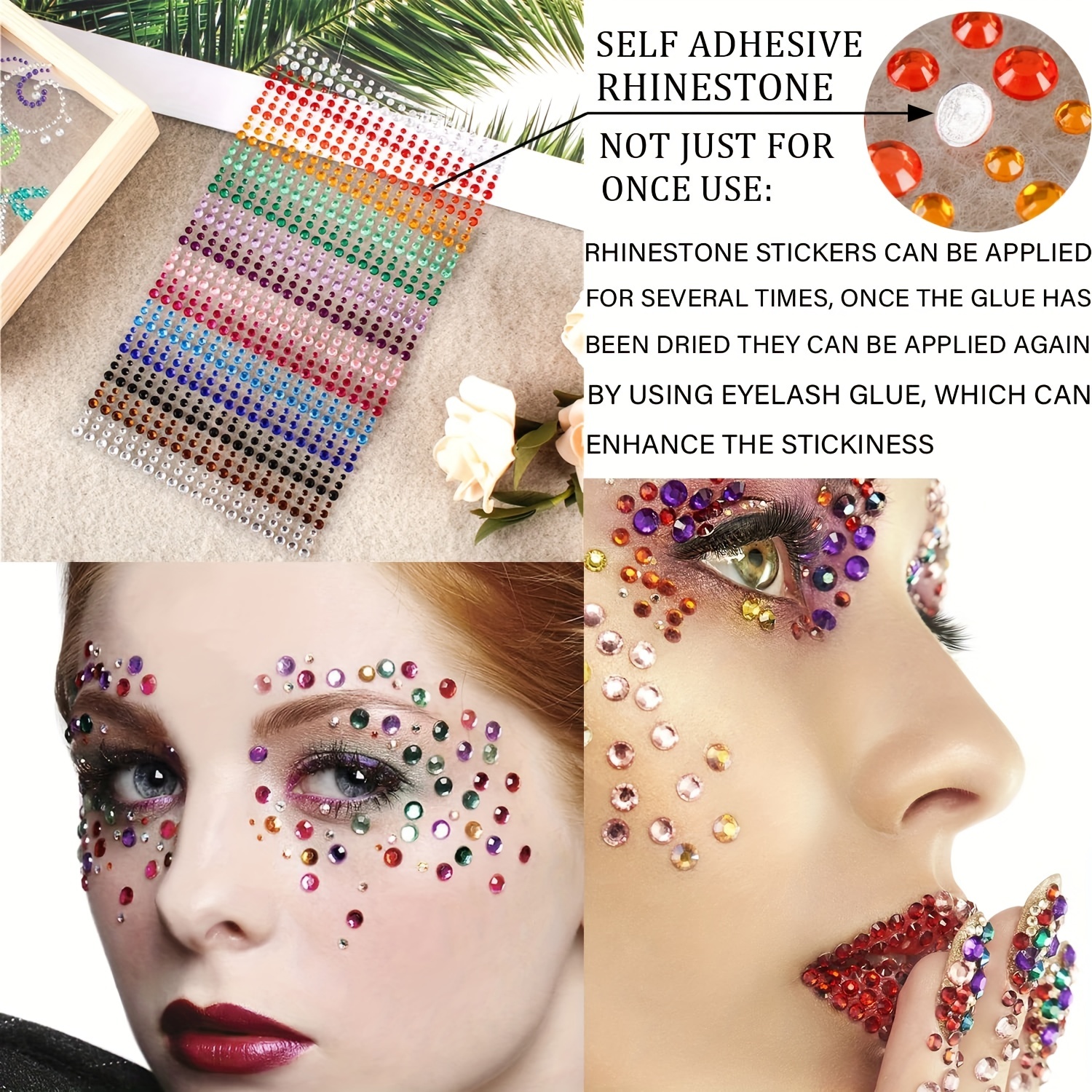 Self-Adhesive Rhinestone Stickers,15 Colors 900pcs,DIY Face Gems