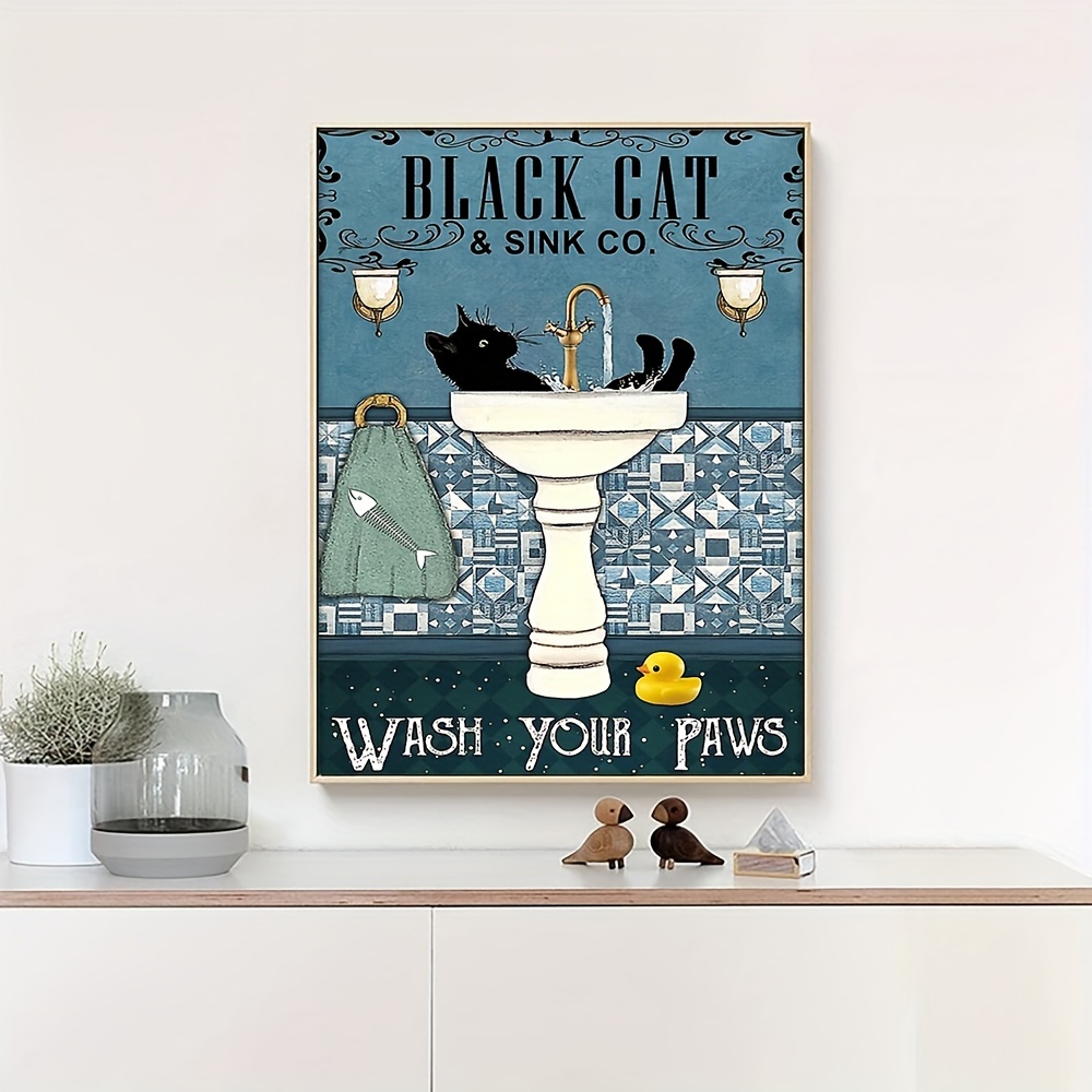 Black Cat and Sink CO Wash Your Paws Poster, Bathroom Decor, Wall Art Decor,  Black Cat Poster, Funny Bathroom Poster No Frame Canvas 