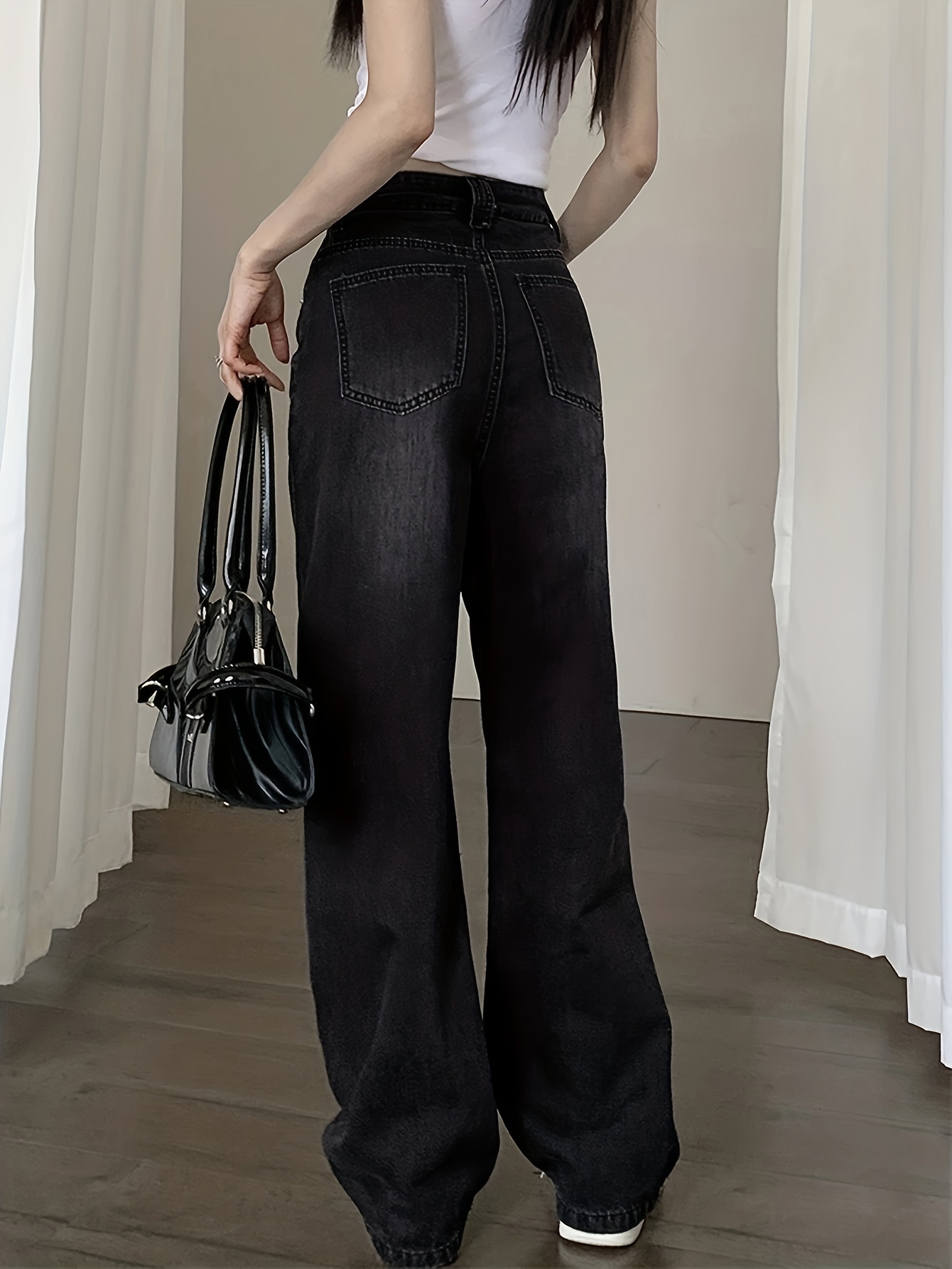 High Simple Style Wide Leg Jeans Loose Slant Pocket - Temu
