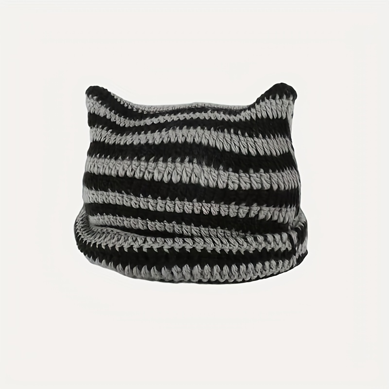 Cute Soft Beanie Hat Little Devil Striped Knitted Wool Cap Cat Ears Pointed