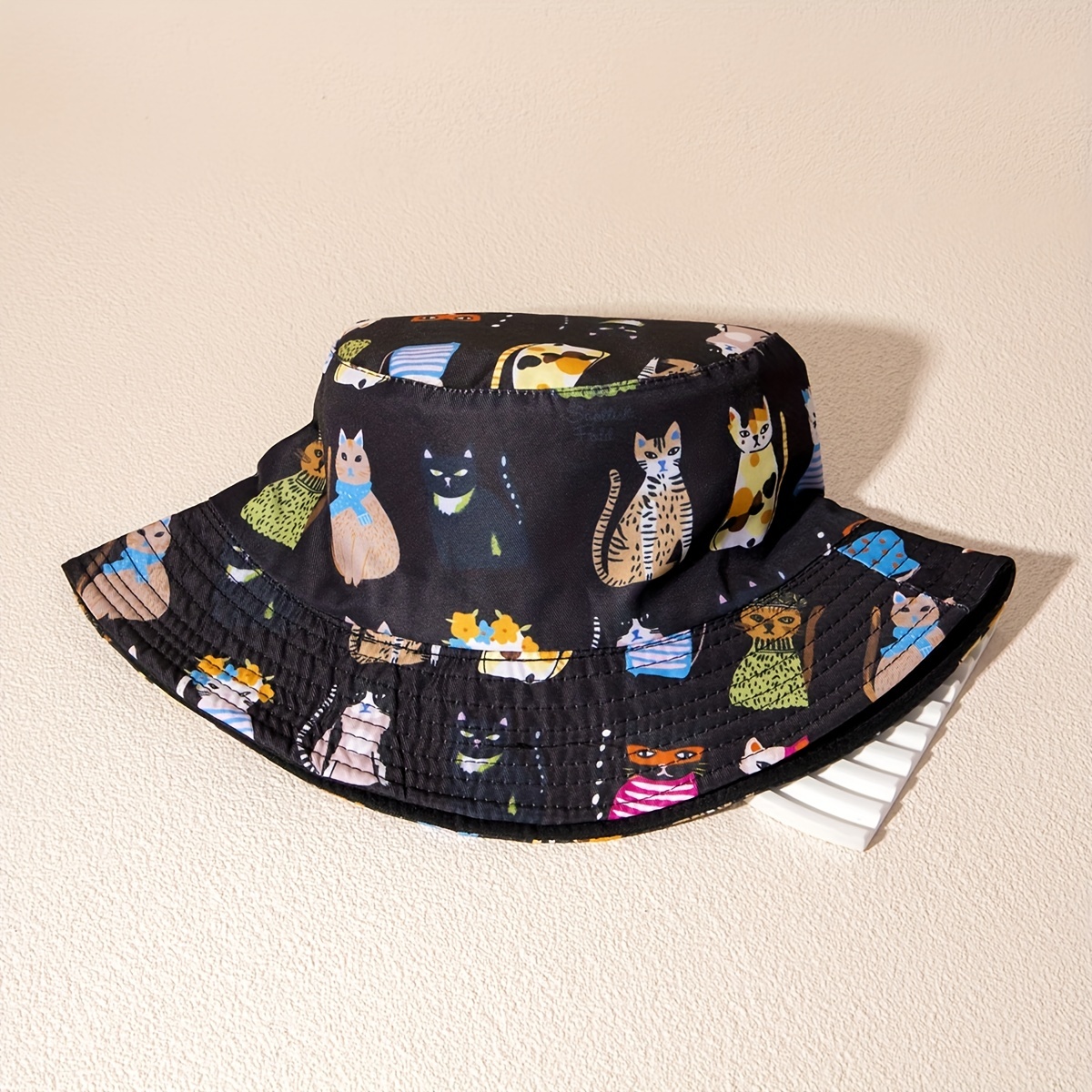 1pc Women Cartoon Cat Head Pattern Sun Protection Fashionable Bucket Hat  For Outdoor