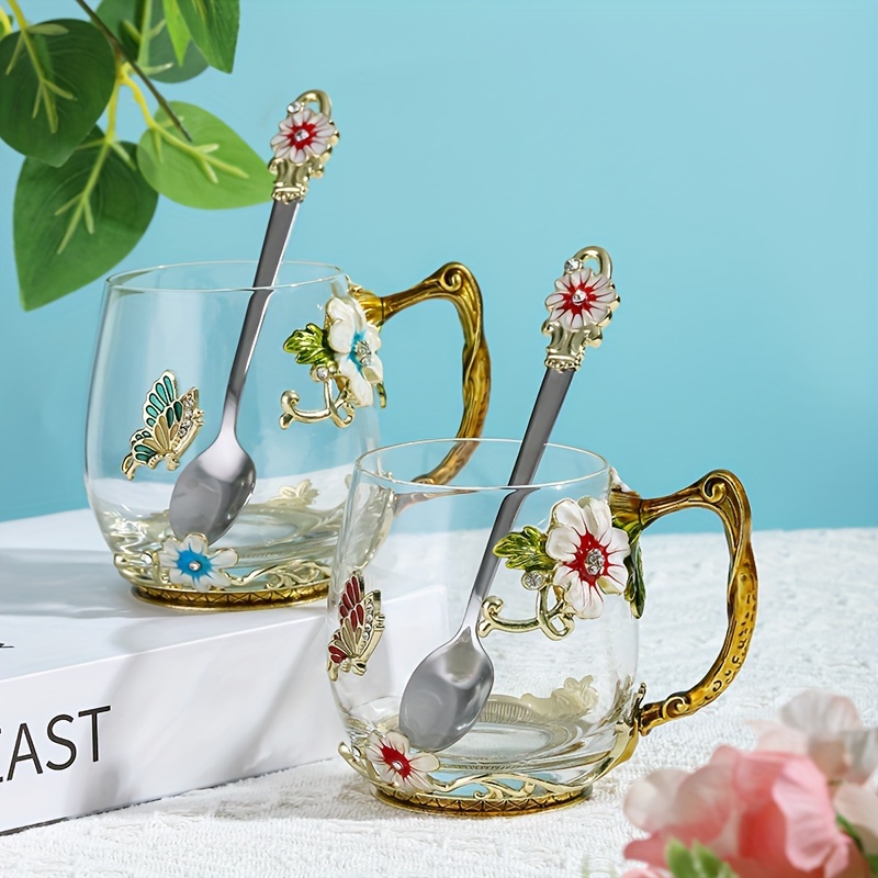 Glass Coffee Mugs with Spoon Enamel Butterfly Rose Flower Tea Cups with  Decorative Handle Tea Sets for Women Gift 