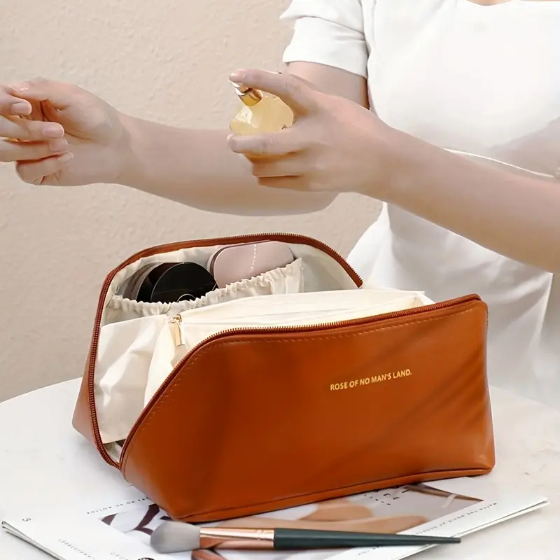 waterproof zipper makeup storage bag portable handle durable cosmetic bag large capacity solid color toiletry bag details 4