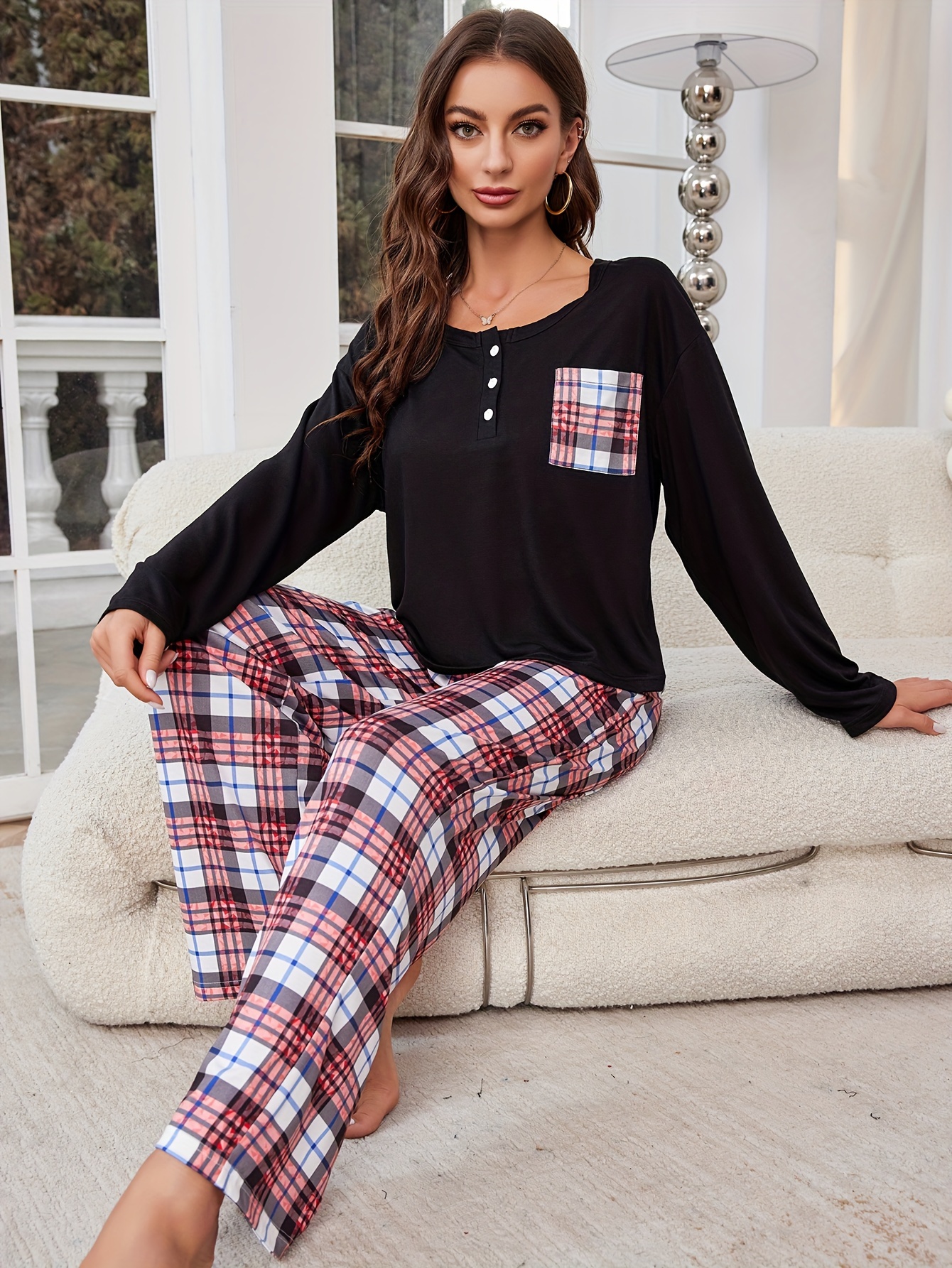 Heart & Plaid Print Pajama Set, Long Sleeve Crew Neck Top & Elastic  Waistband Pants, Women's Sleepwear & Loungewear