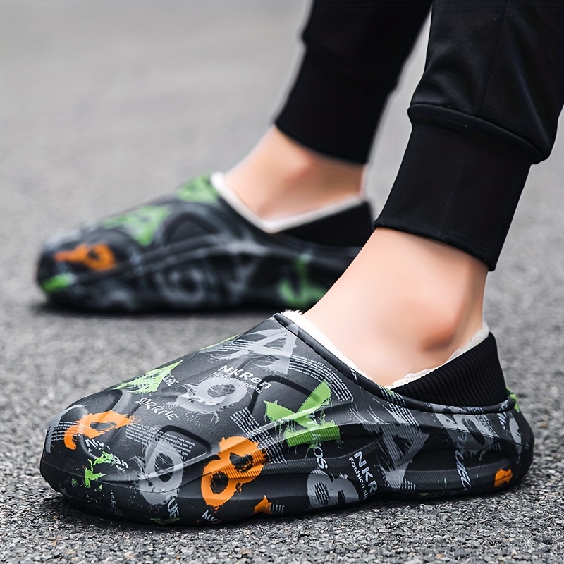 Graphic Print Cozy Waterproof House Slippers Anti-skid Slip-on Shoes Indoor  For Men Winter Shoes Fuzz-lined Eva Clogs - Temu