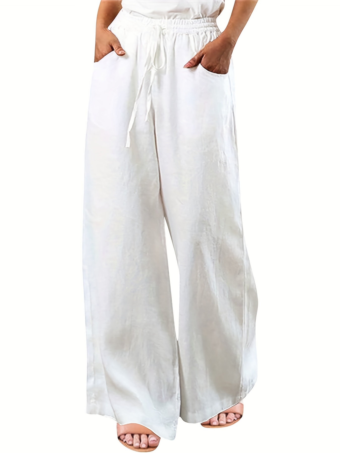 Solid Drawstring Pants, Casual Wide Leg Elastic Waist Pants, Women's  Clothing