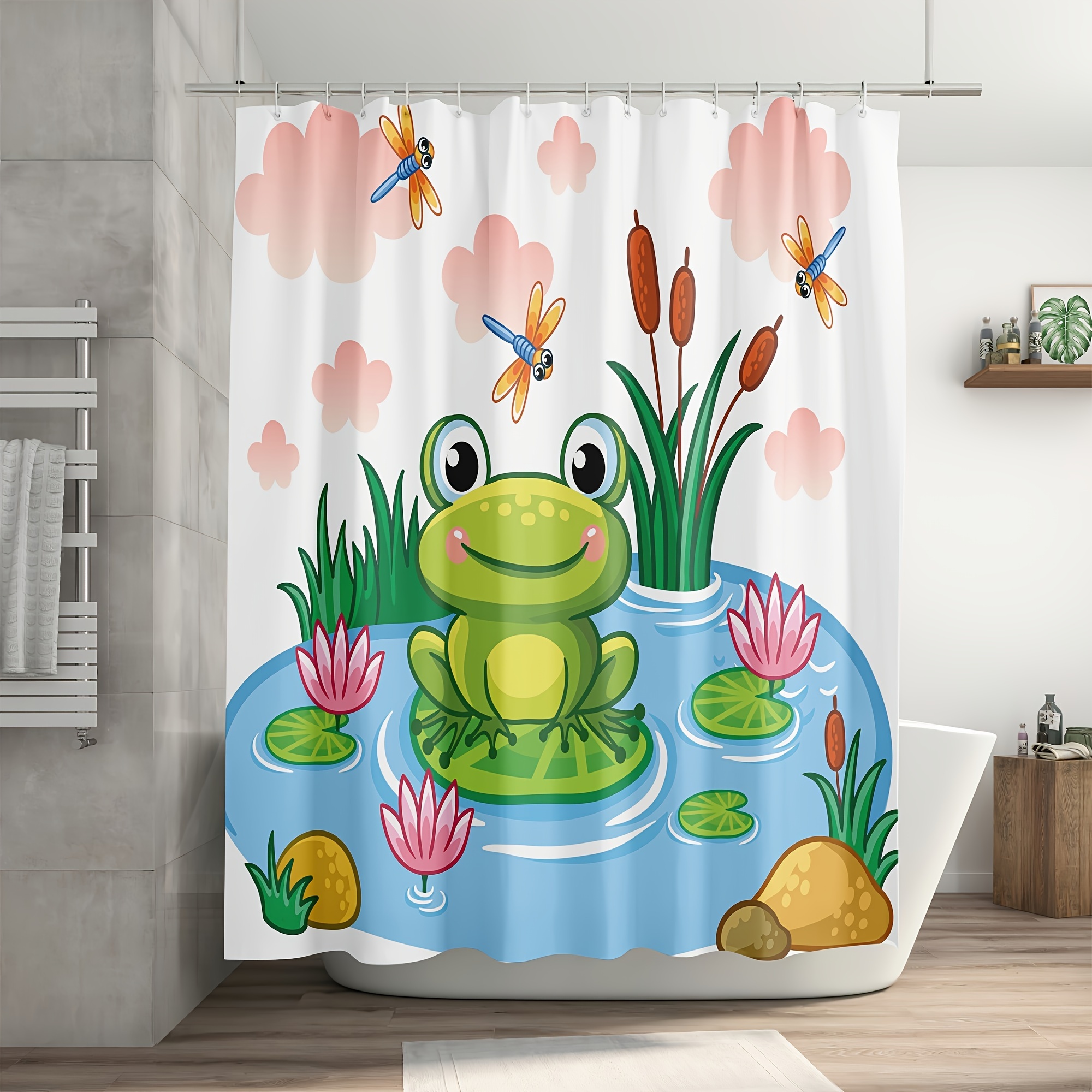 1/4PCS Green Cartoon Frog Shower Curtain And Mats, Cute Frog Sits Leaf In  Pond Design Bath Mat Rug, Contour Mat Toilet Cover, Fabric Waterproof Shower