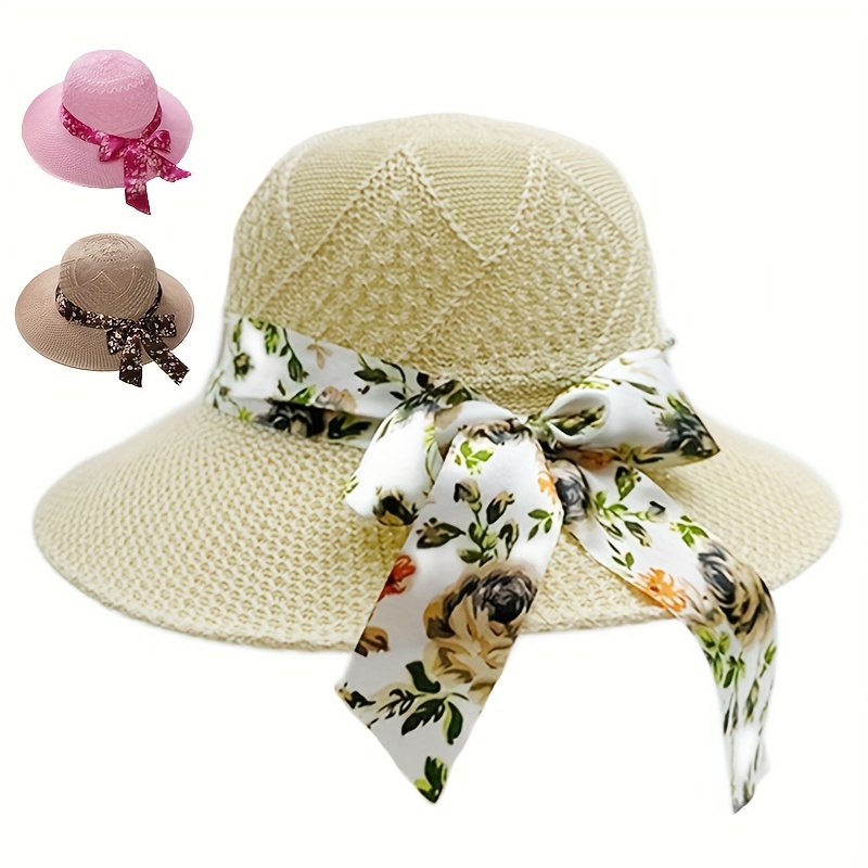 Floral Print Twilly Scarf Crochet Hat for Women, Sun Protection Vacation Summer Beach Hat,Temu