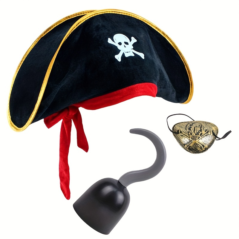 3pcs/set Accesorios de Disfraces de Piratas de Halloween, Capitán de Cinta  Roja y Sombrero, Gancho Negro y Máscara de Ojo Dorado, Elección Ideal para