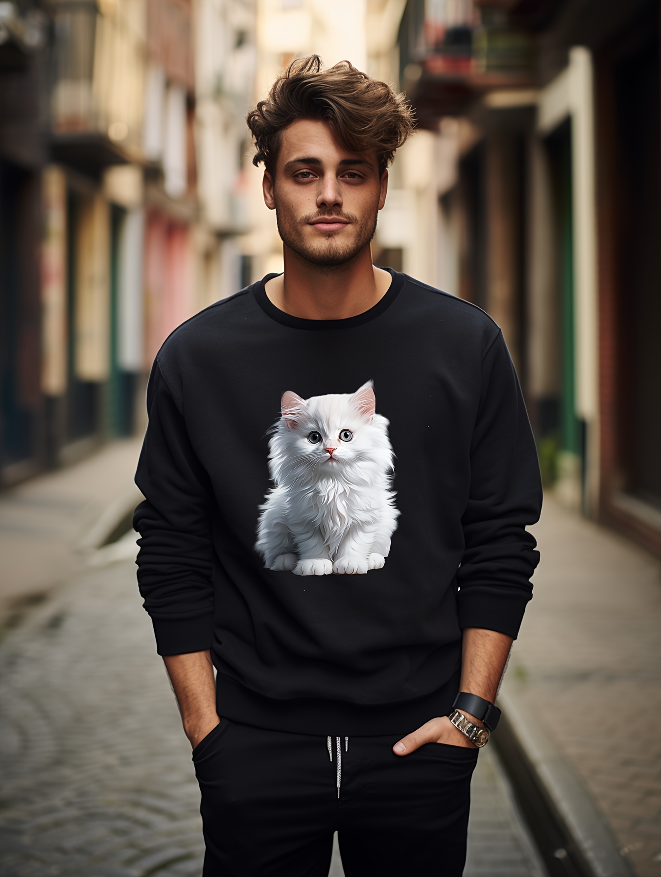 Cute Pretty Cat Print Girls Casual Creative Pullover - Temu