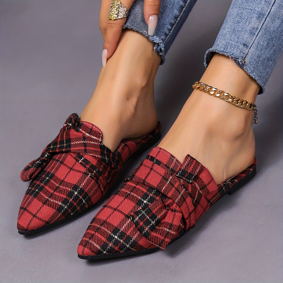 Red plaid flat discount mules