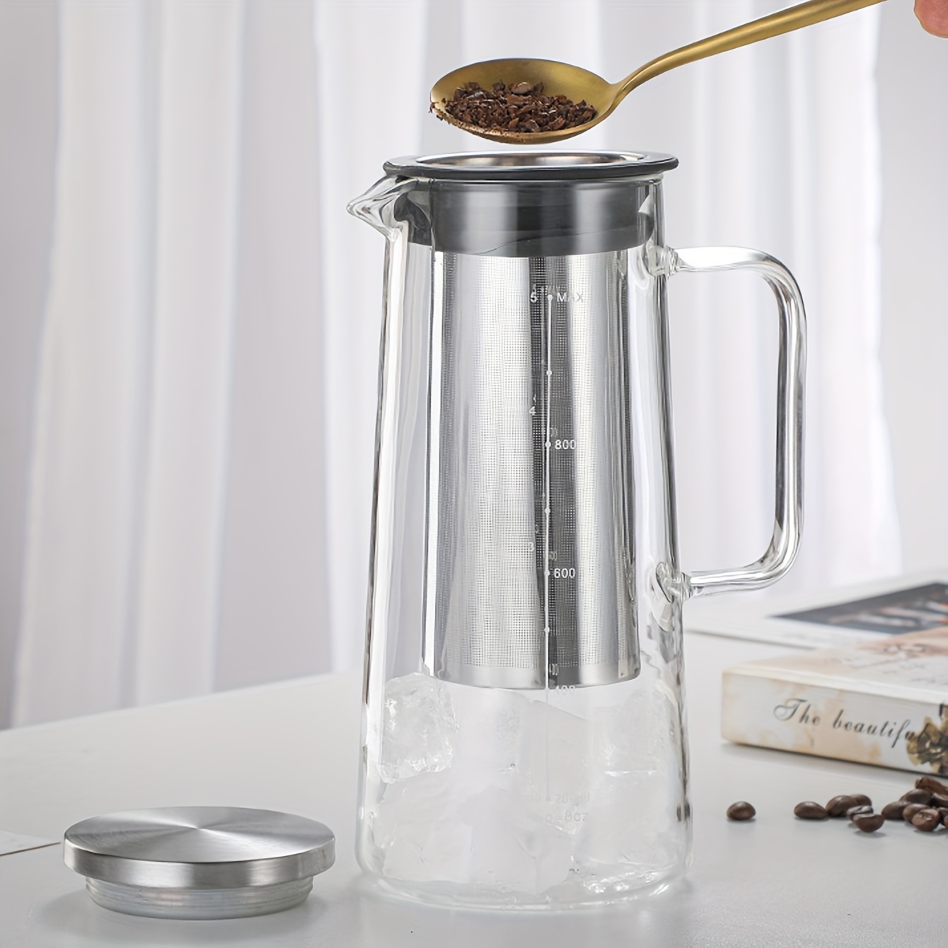 Cafetera de infusión en frío con jarra de vidrio soplado a mano, filtro de  acero inoxidable extraíble, para café helado y té frío. Tapa hermética/apta